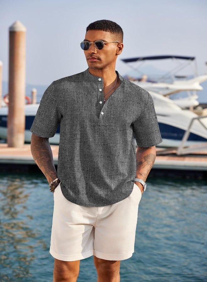 COOFANDY Men's Casual Henley Shirt Short Sleeve Band Collar Linen Shirt Summer Beach Hippie T-Shirts Dark Gray - Image 2